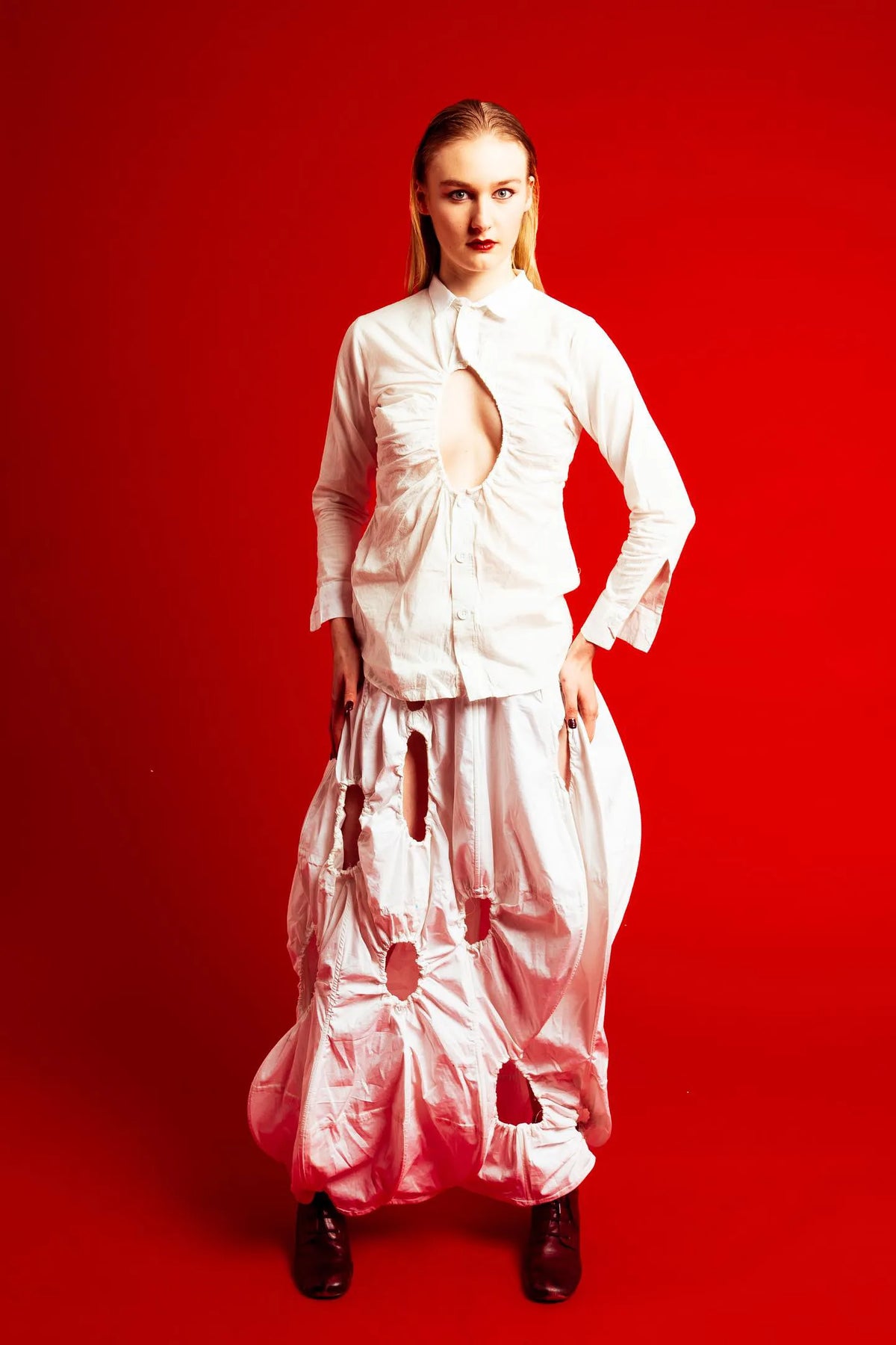 The Ivory Holed Shirt and Skirt Set