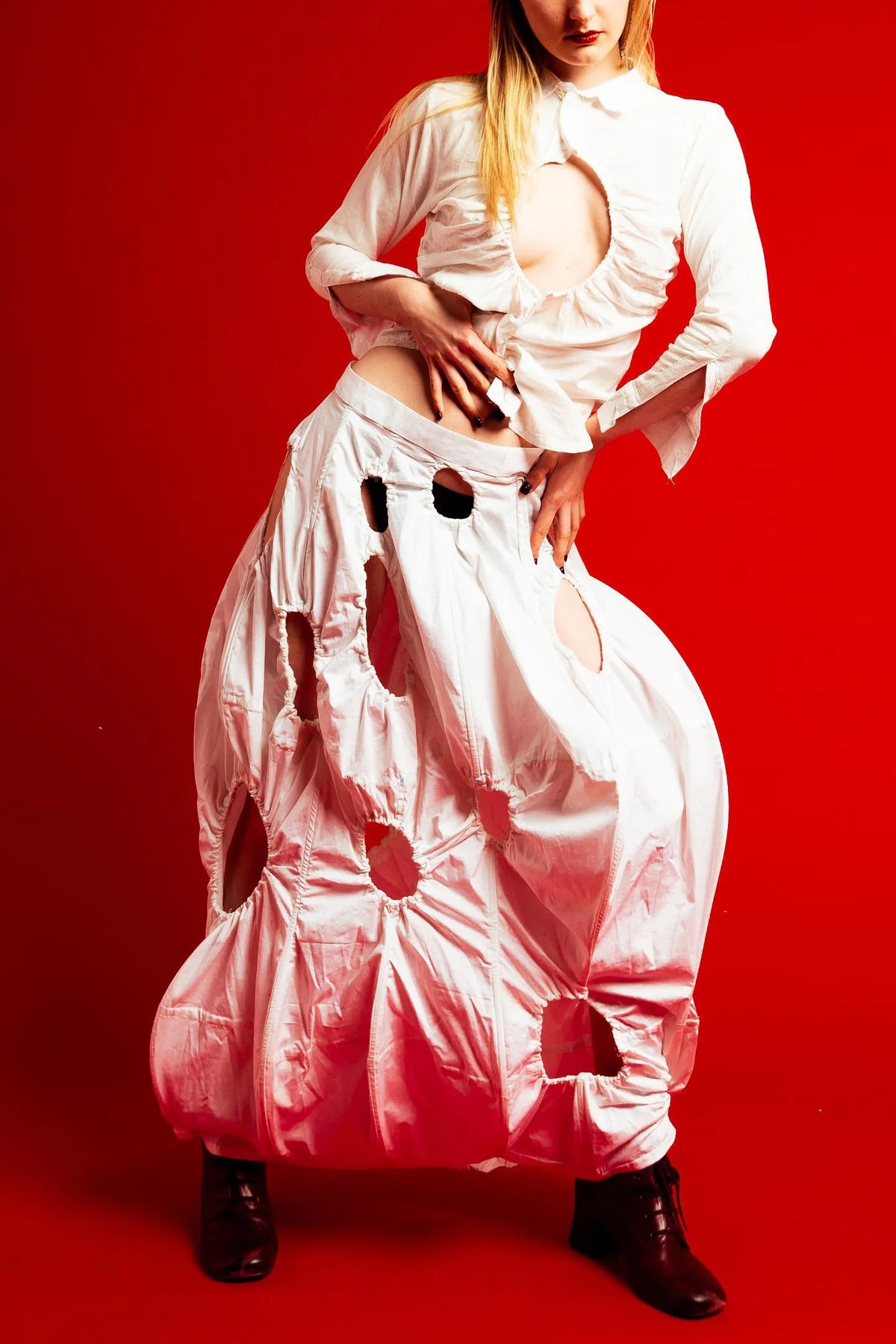 The Ivory Holed Shirt and Skirt Set