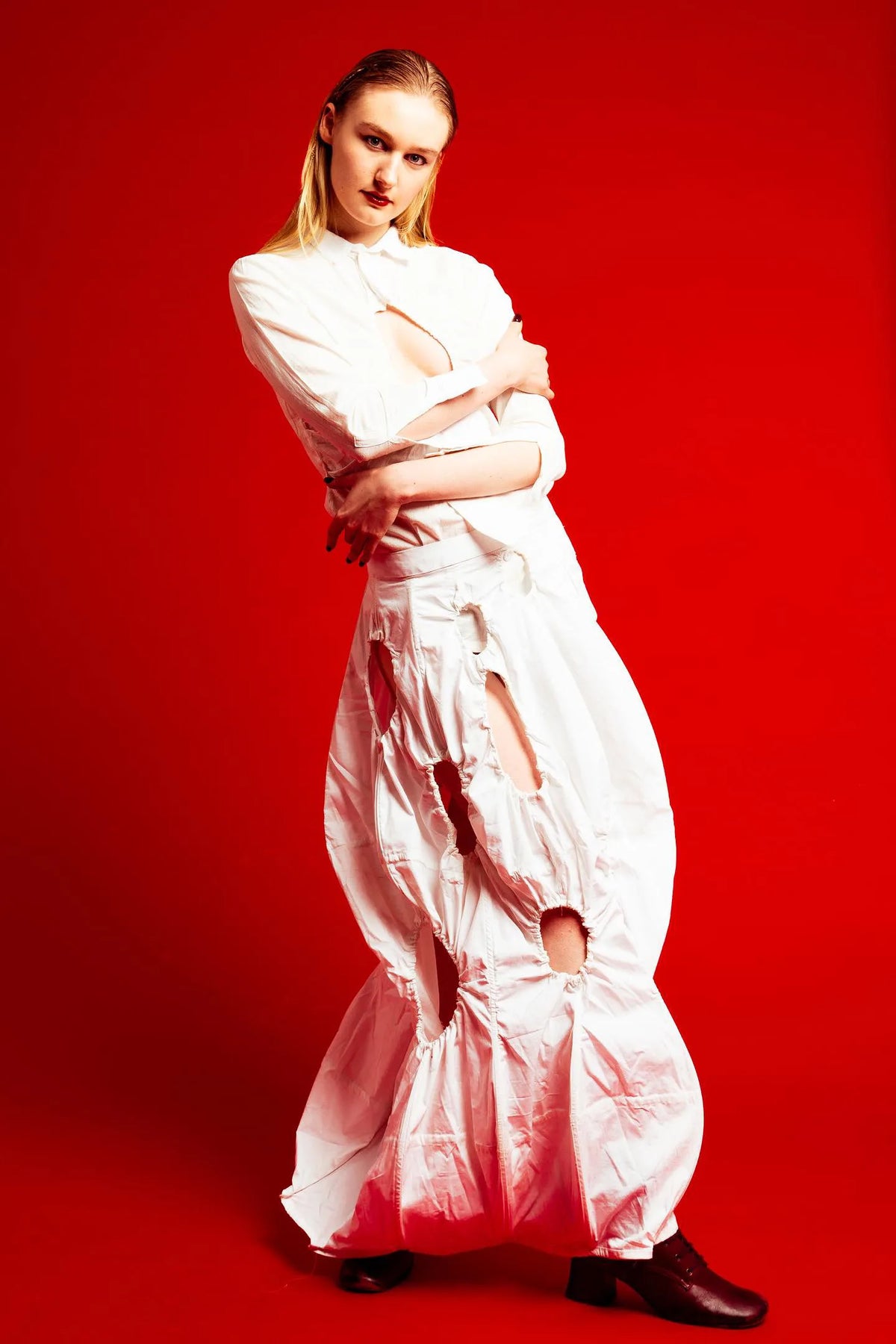 The Ivory Holed Shirt and Skirt Set