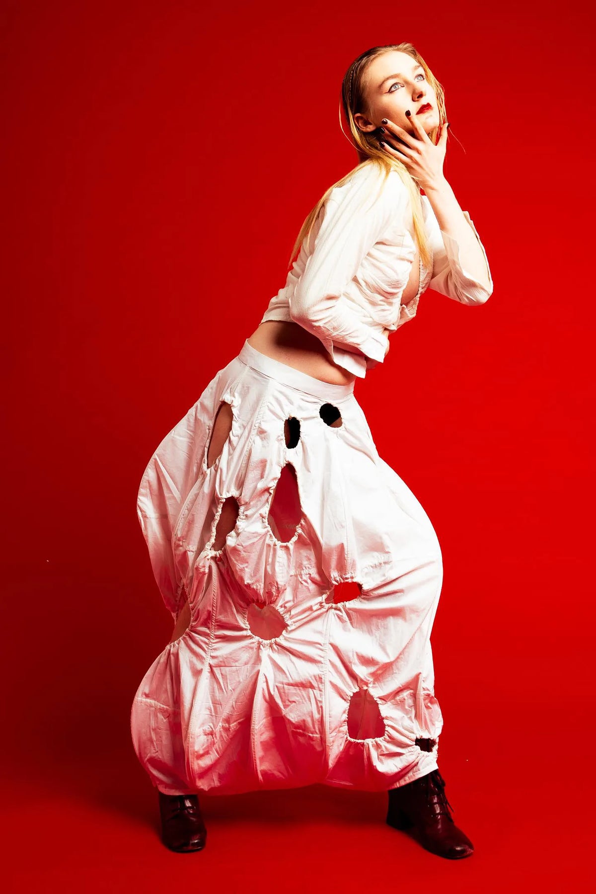 The Ivory Holed Shirt and Skirt Set