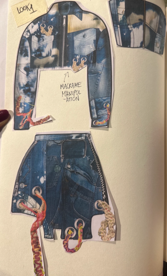 A fashion design sketchbook page showing cut-out fashion illustrations of a blue denim jacket and matching denim skirt with tie-dye wash effects, colorful snakes, and handwritten notes including 'MACRAME MANIPULATION'.