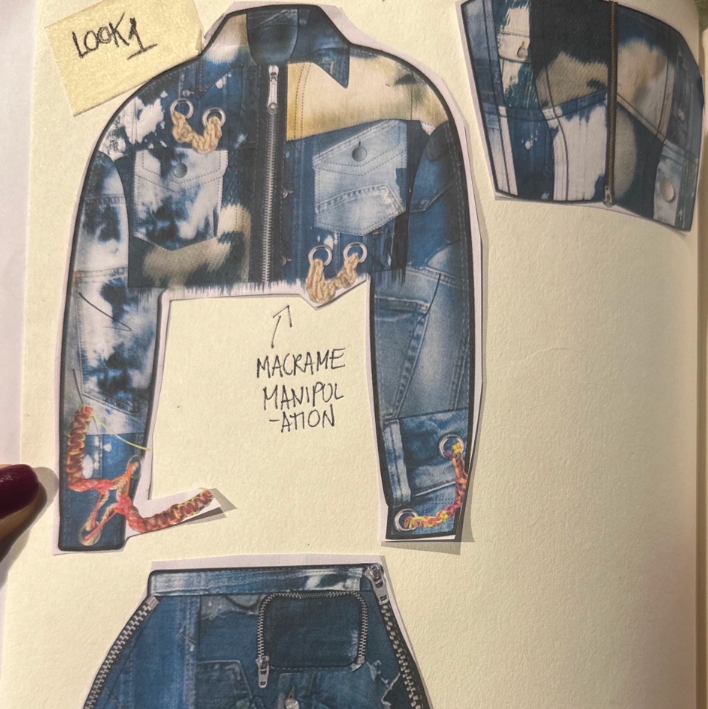 A fashion design page showing cut-out garment sketches, including a blue denim jacket with abstract painted details, a matching top, and jeans, with handwritten notes including 'LOOKY' and 'MACRAME MANIPULATION'.