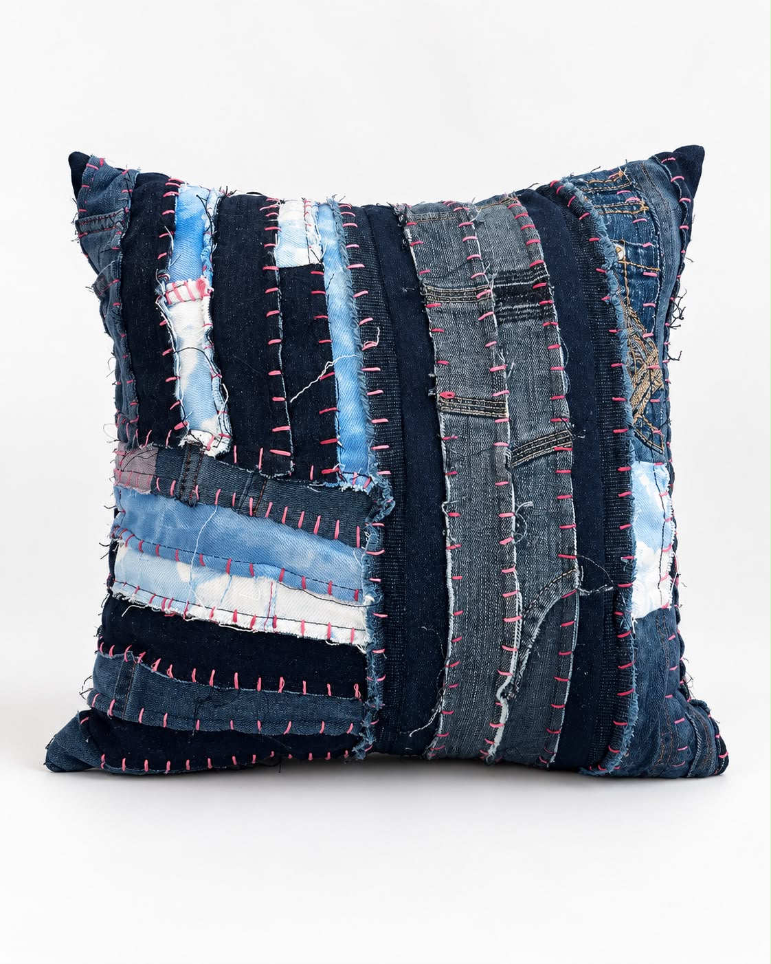 Mended in pink indigo hand patched recycled denim cushion cover