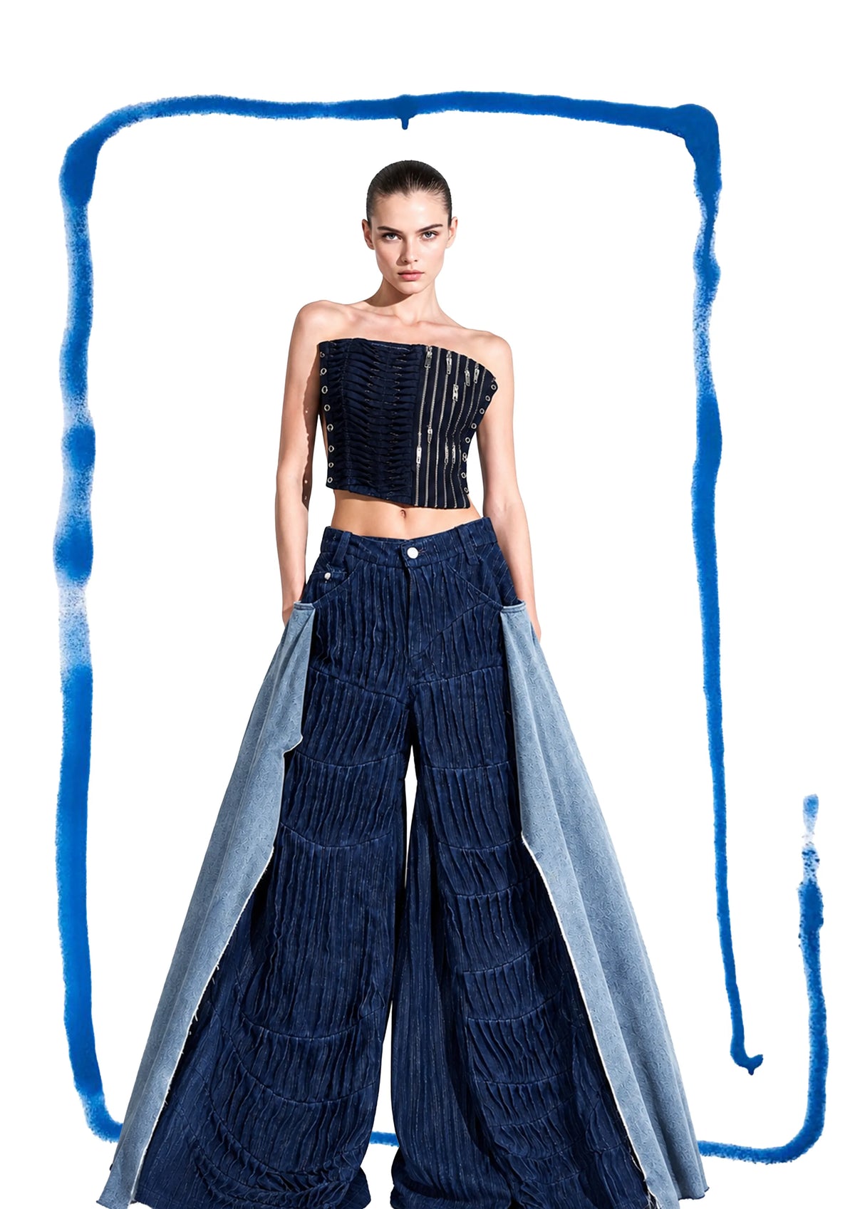 Tangled Paths Pleated Denim Trousers